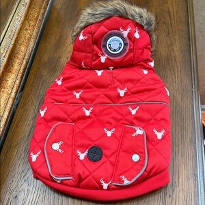 New LuvGear faux fur hooded dog jacket. XS. Red w/white deer. Red/black inside